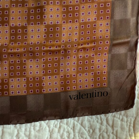 Valentino Silk Square Scarf Brown Plum Check & Stripe Pattern 33” - Picture 2 of 3